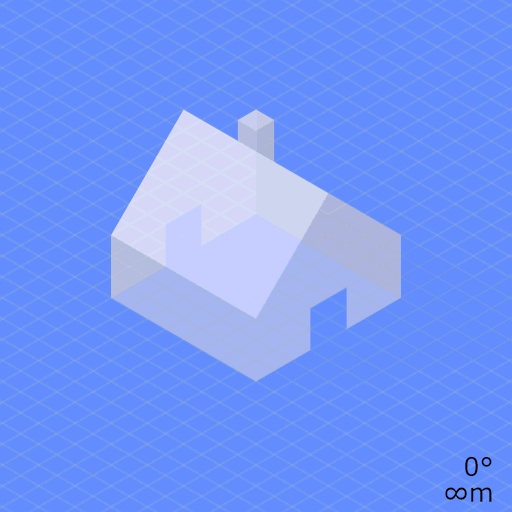 Animation of a simple house wireframe seen from a camera, with the focal length sliding longer and shorter, stretching and compressing the projected image