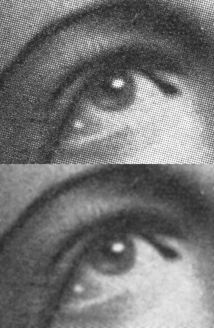 A halftone-printed eye on top, sharp dots visible; the same eye after Gaussian blur on the bottom, dots dissolved into smooth tones.