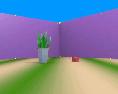 A camera moves through a scene while a tracker follows bright dots on the corners of objects, estimating the camera's own motion frame to frame.
