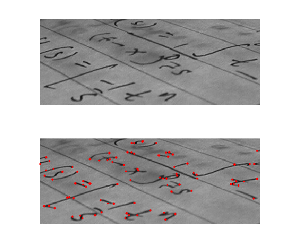 A grayscale test image with small colored markers placed at the sharp interior and exterior corners of the depicted shapes, showing which points a corner detector flags.