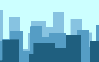 An animated cityscape where the foreground buildings scroll past quickly while the background skyline drifts slowly, illustrating motion parallax.