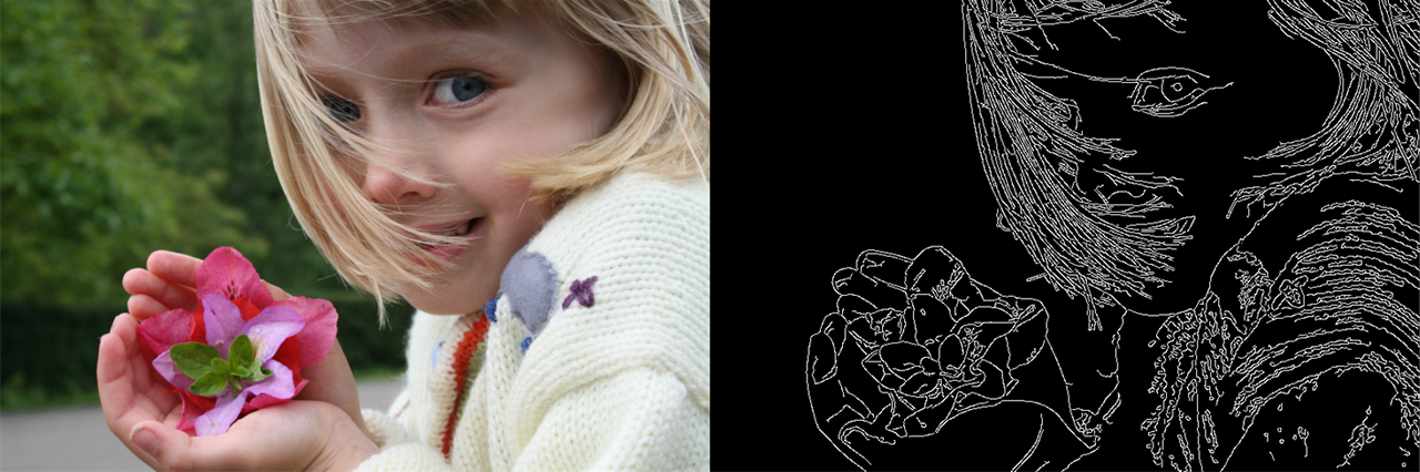 A young girl holding pink flowers, beside the same photo reduced to a white-on-black line drawing produced by an edge detector.