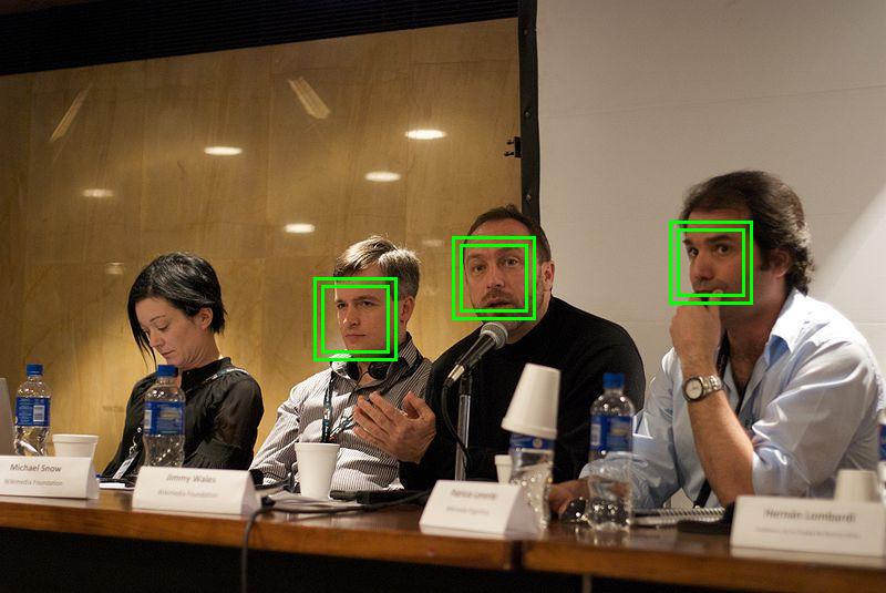 A photograph of a crowd in which a software algorithm has drawn green rectangles around every human face it located