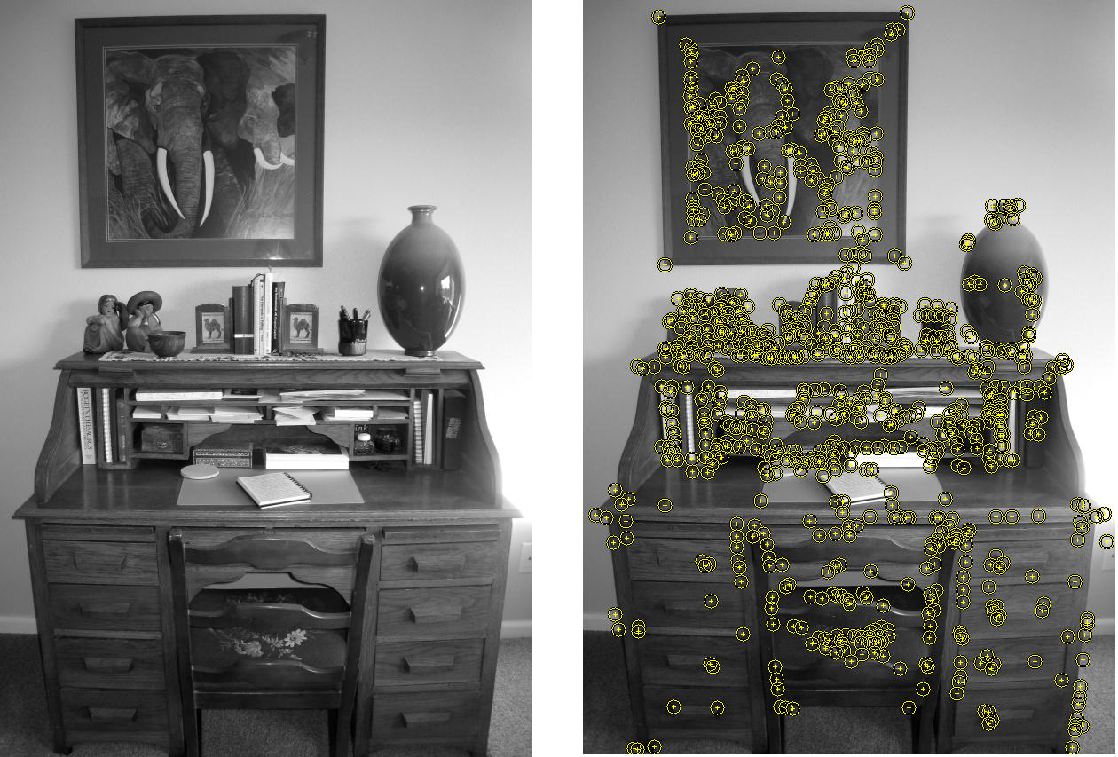 A grayscale photo of a writing desk on the left; on the right the same desk with yellow dots marking corner features found by the Harris detector