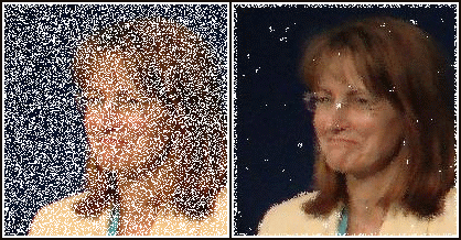A portrait heavily speckled with white salt-and-pepper noise on the left, and the same portrait on the right after median filtering, with the specks removed and the face still recognizable.