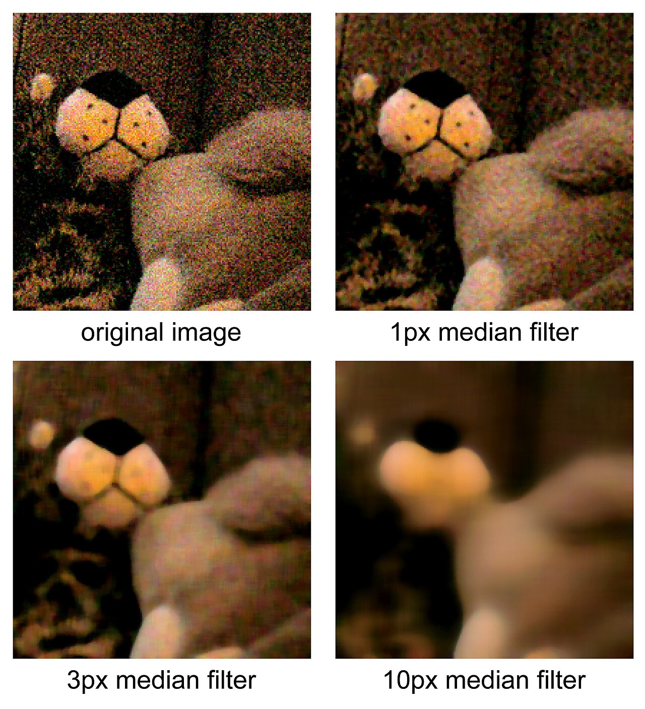 A four-panel grid of the same noisy photograph: the grainy original, then the result after a 1-pixel, 3-pixel, and 10-pixel median filter, growing progressively smoother.