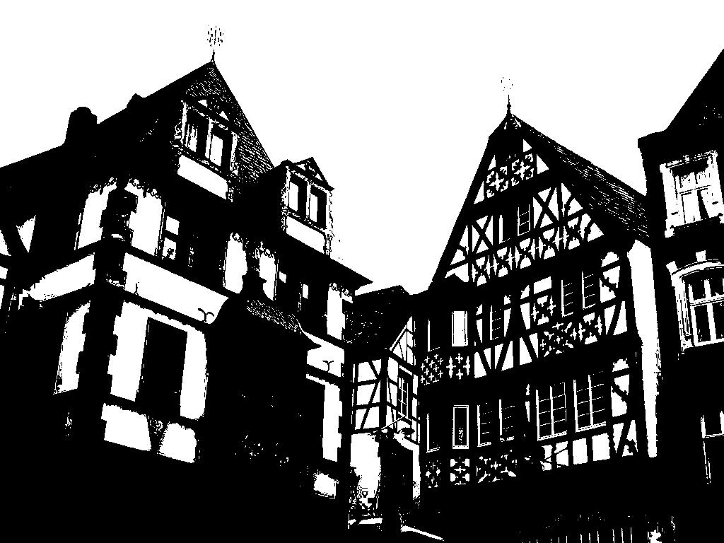 The same scene after Otsu thresholding, cleanly separated into black foreground and white background.