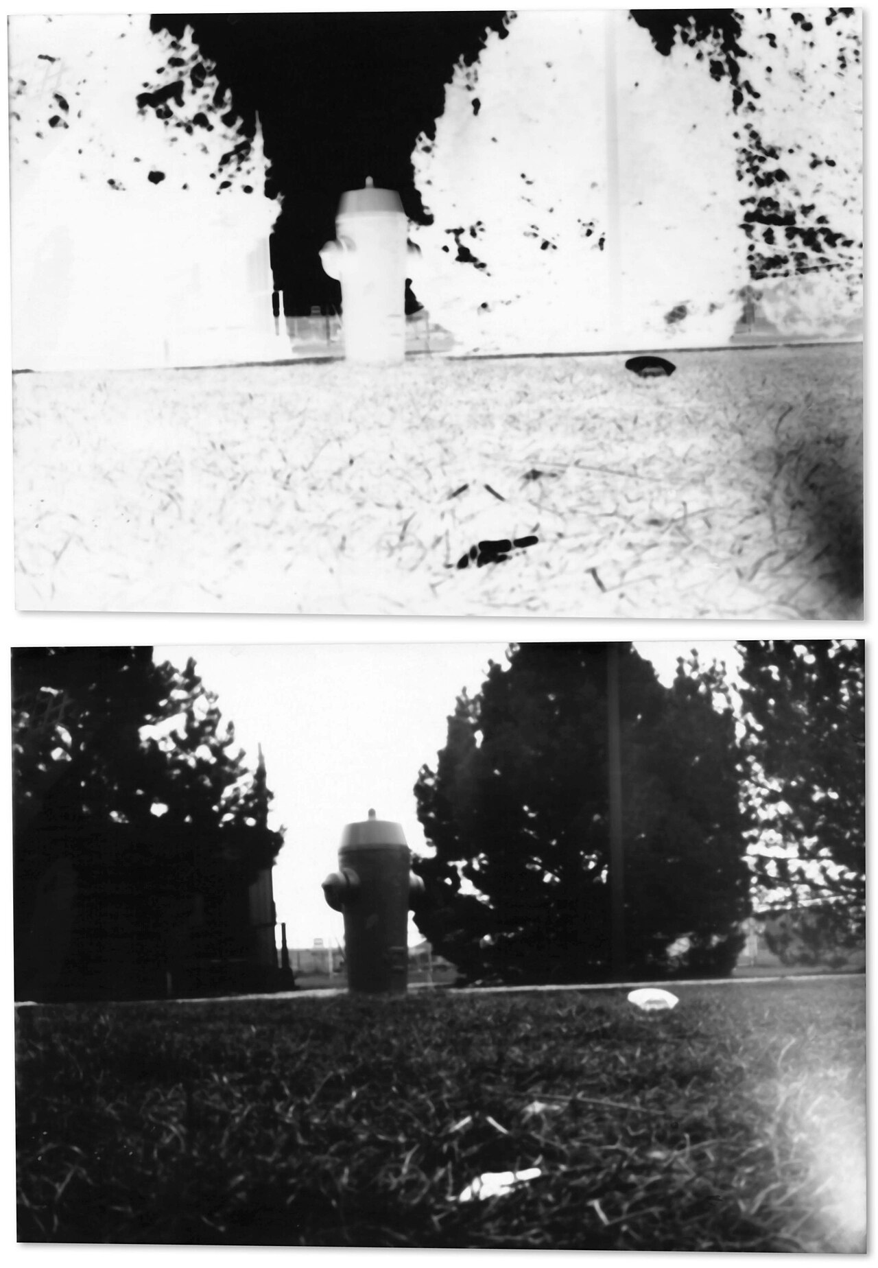 A pinhole photograph of a fire hydrant shown as a paper negative on top and the inverted positive below, soft and with corner flaring.