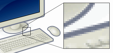 A smooth photograph on the left, with a zoomed-in square on the right revealing the individual colored squares that make it up