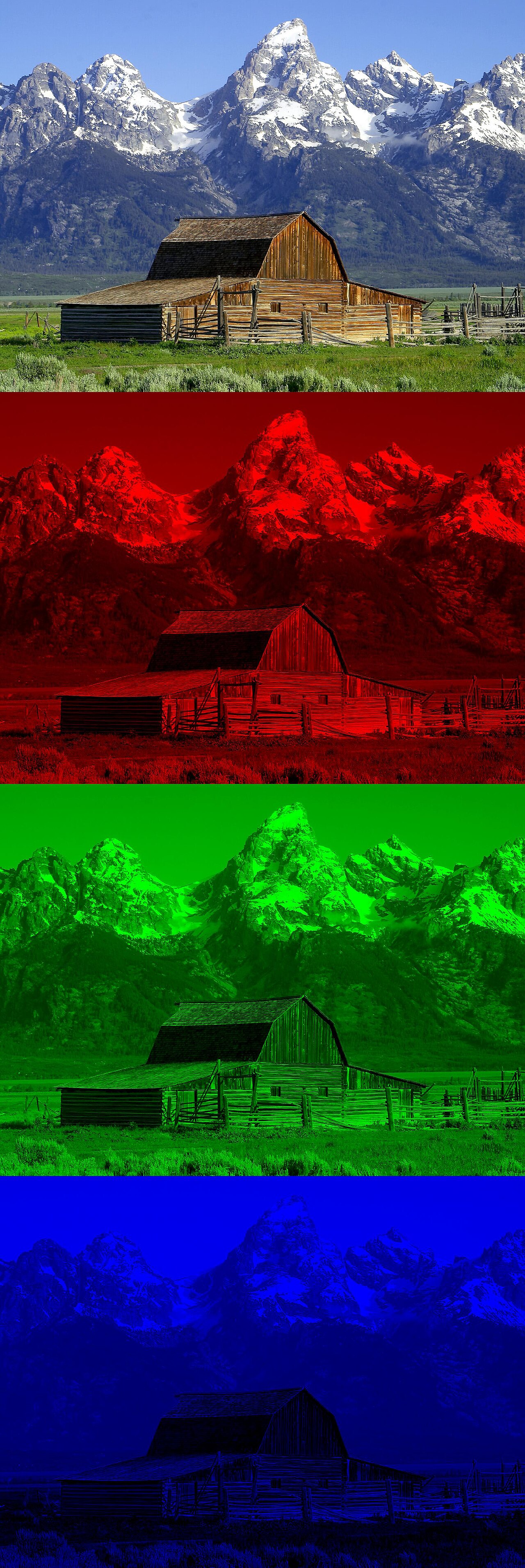 A photograph of a barn against the Grand Tetons, shown four times: the full color version and its separate red, green, and blue channels, each tinted in its own color