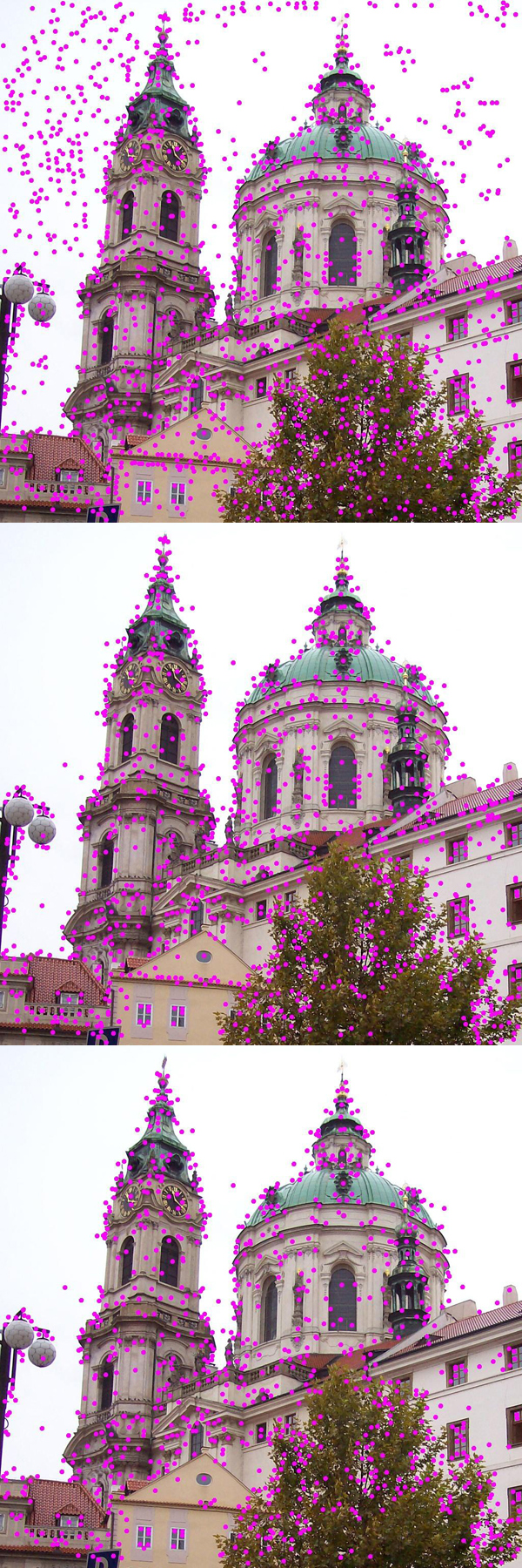 A photograph annotated with hundreds of small arrows of varying length and orientation, each marking a stable keypoint detected at a particular scale.