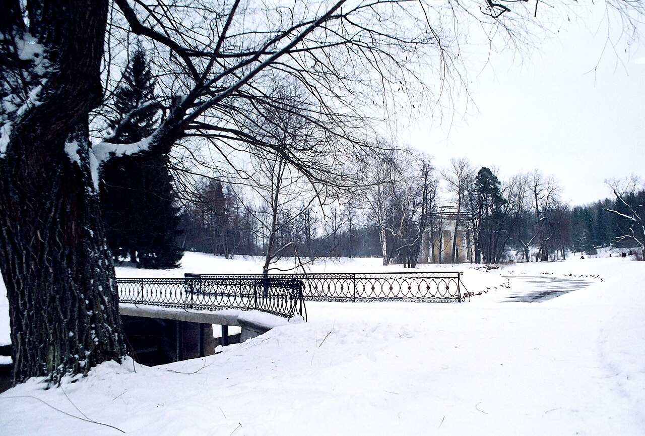 A grayscale photograph of an ornate iron bridge railing in front of the Yellow Palace at Pavlovsk in winter.