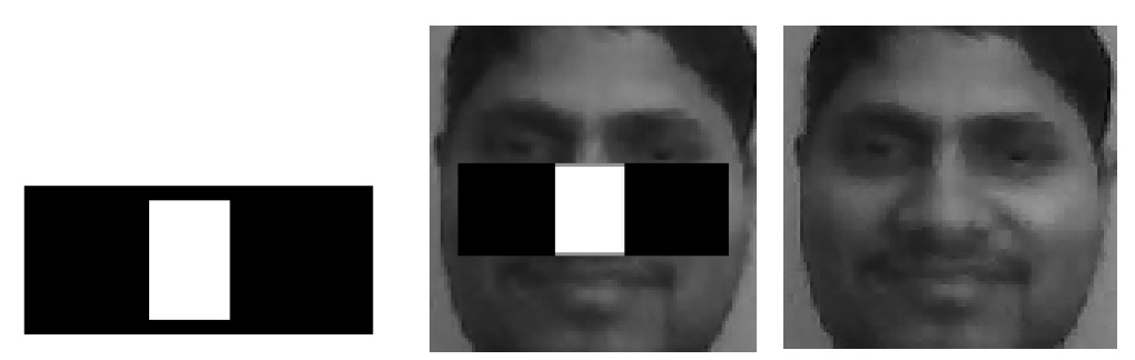 A human face with a three-rectangle Haar feature laid across the eye line, a light center band over the nose bridge flanked by two dark bands over the eyes