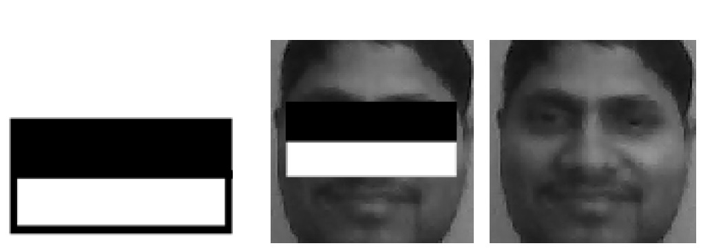 A human face with a two-rectangle Haar feature overlaid across the eye region, the upper band dark over the eyes and the lower band light over the cheeks